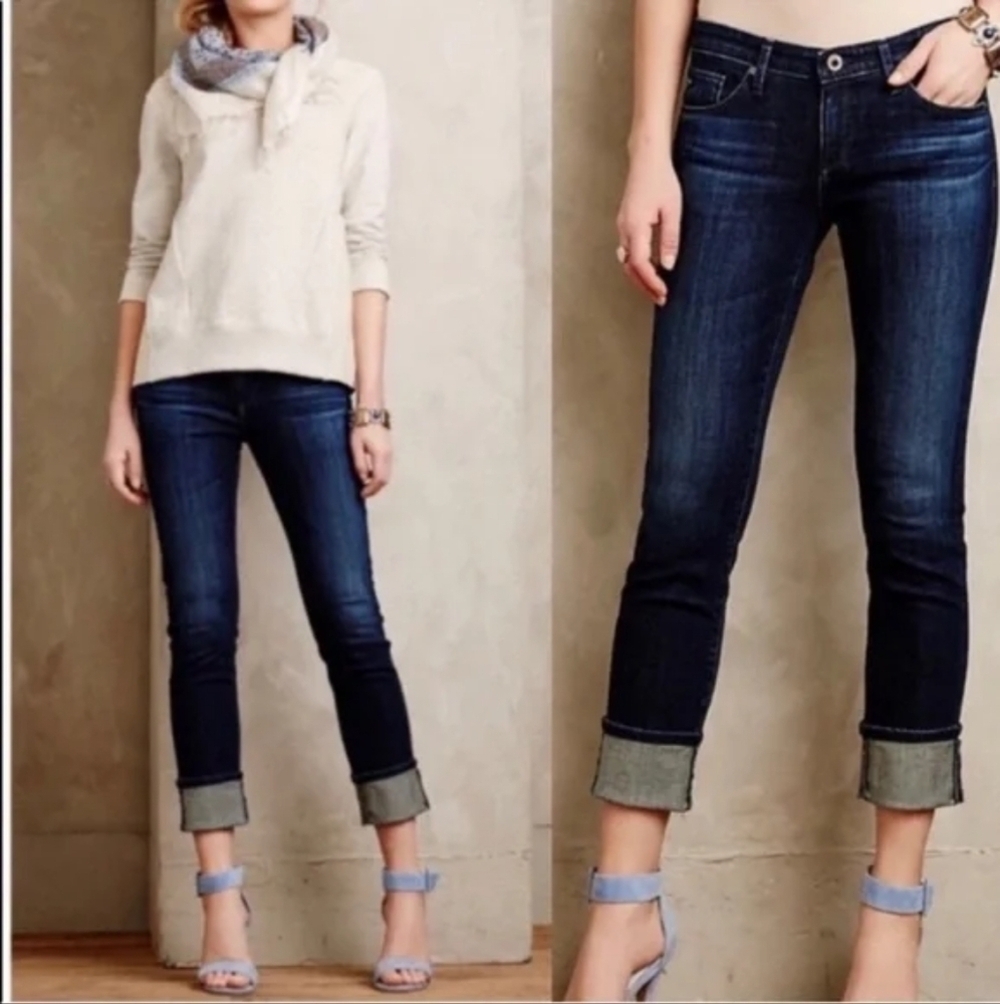 AG Adriano Goldschmied High Rise Stevie Cuff Slim Straight Blue Jeans, Size 25